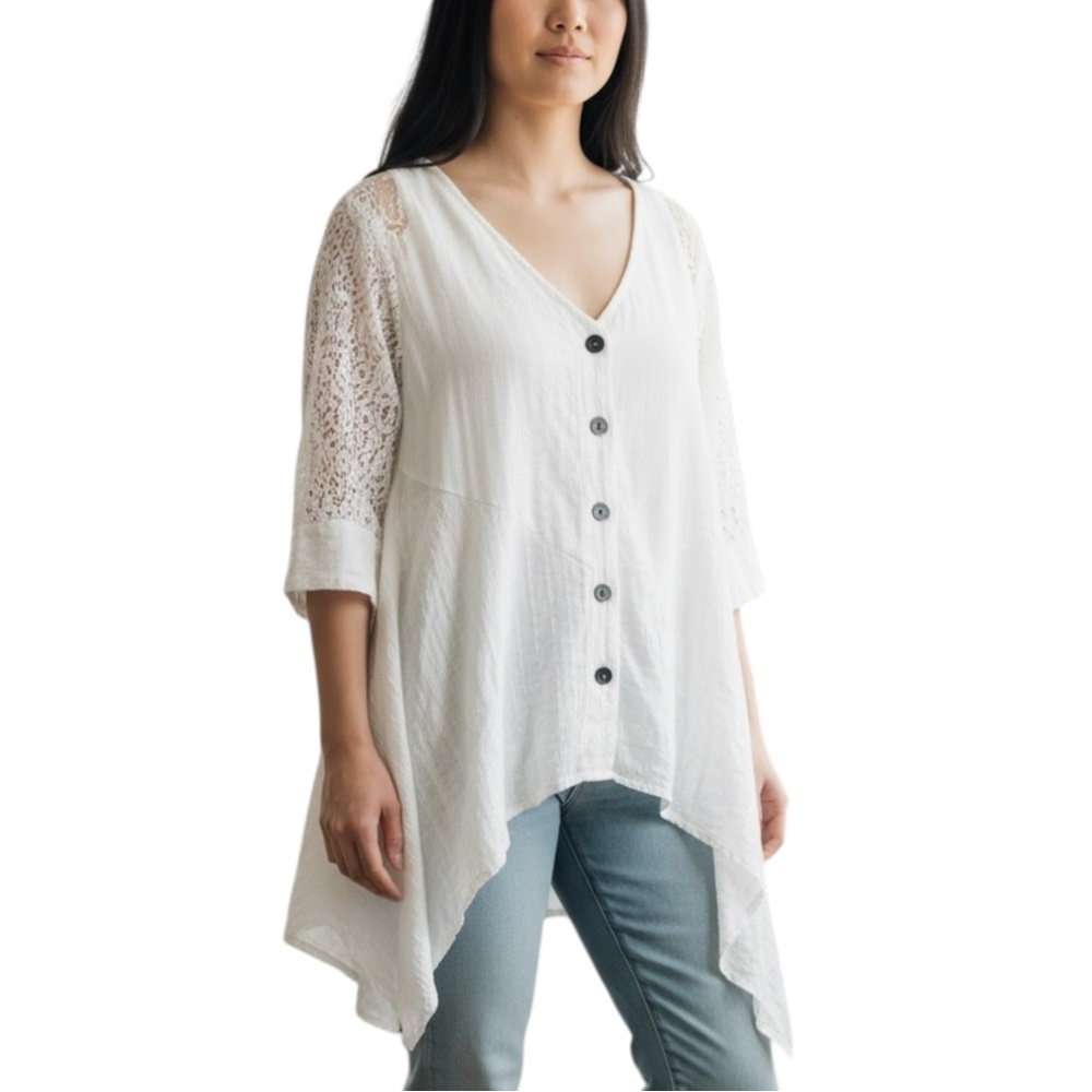 Sacred Threads White Cotton Asymmetrical Button Front Tunic 3/4 Sleeves - L/XL